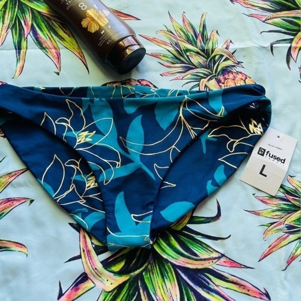 NWT Fused Hawaii Womens Bikini Bottom L Blue Hawaii Tropical Print Swimsuit